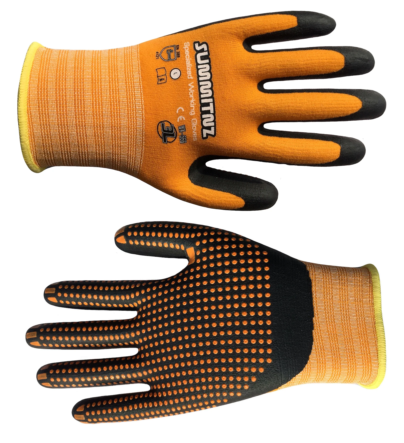 High Flex Gardening Work Gloves 3 Pairs Orange Nylon Wrapped Spandex Micro Foam Nitrile Dots Maxi  Safety Super Grip