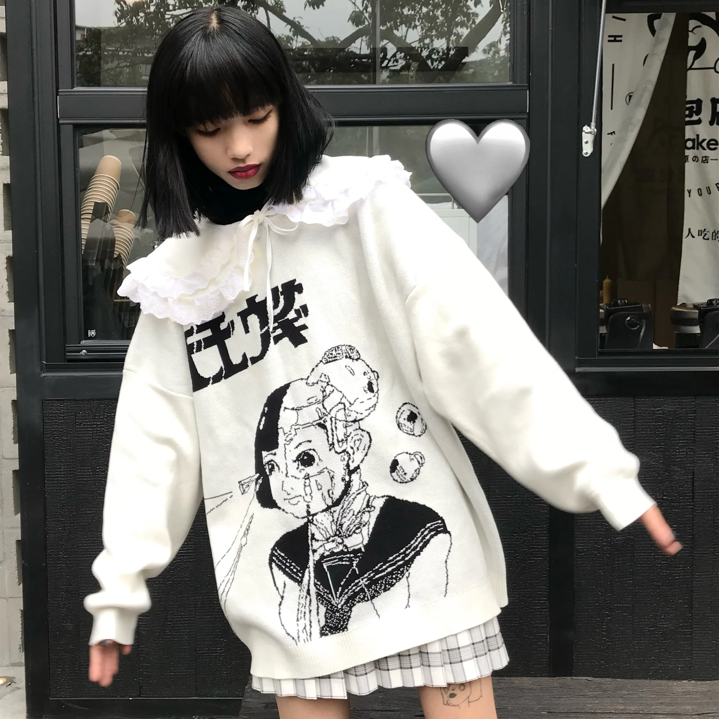 high school students comic knit pull winter new Japanese harajuku anime lace turn-down collar loose sweet girls sweater femme