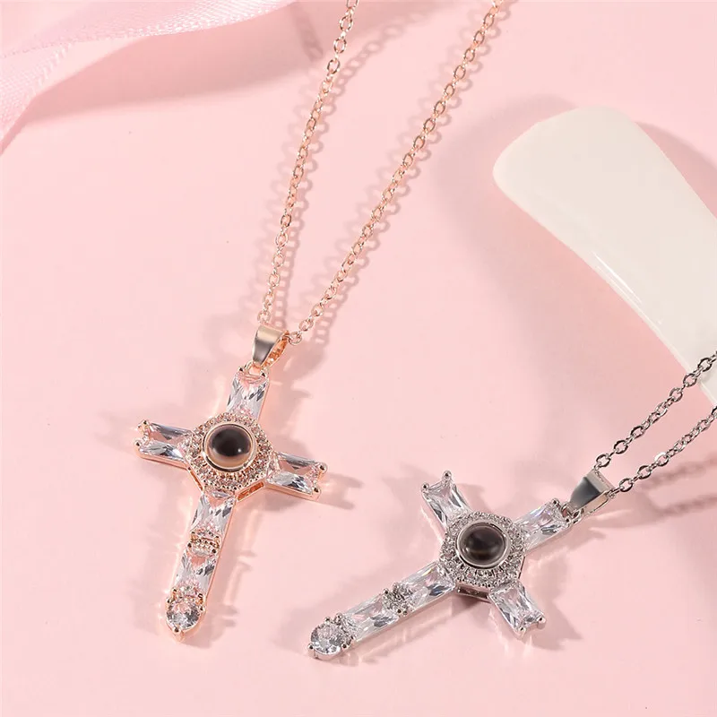 Orthodox Greek Pastor Church Cross Jesus Crucifix Pendants Necklace 100 Language Projection Necklaces Rose Gold Color for Women