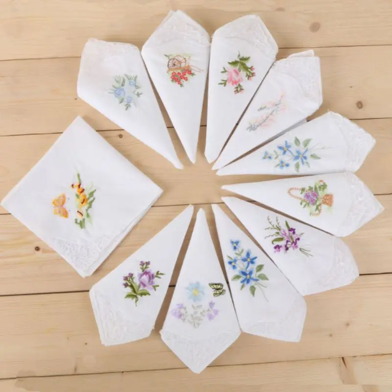 3Pcs/Set Women Basic White Square Handkerchief Floral Embroidered Pocket Hanky Butterfly Lace Cotton Baby Bibs Portable Towel