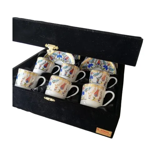 Süleymaniye Motif Hand Decor 6 Person for Black Velvet Boxed Coffee Cup Pad Tea Coffee Cups Tea Coffee Set