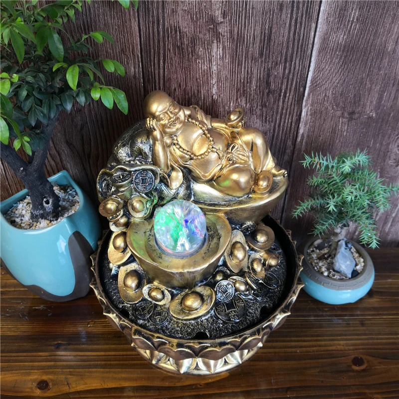 Handmade Gifts Lucky Feng Shui Decorations Gold Maitreya Buddha Statues Indoor Desktop Water Fountains With Led Glowing Balls