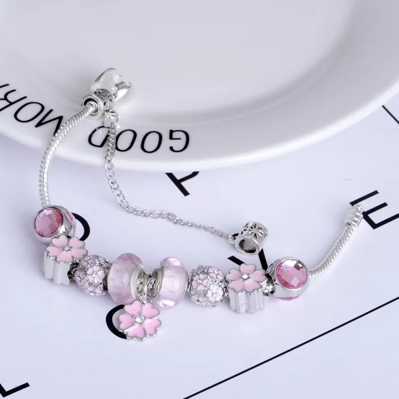 2020 Small Fresh Magnolia Bracelet Pandora Style Pink Daisy Snake Bone Chain Bracelet DIY Glass Bead Charm