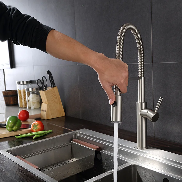 

550mm High Top Quality Brass Kitchen sink faucet Brushed/Chrome Spring Pull out kitchen faucet With 2 functions Kitchen spray