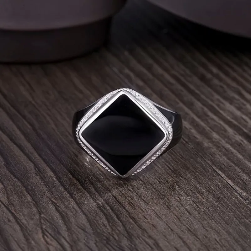 BOCAI New Vintage Inlaid Gemstone Men\'s Ring Real 925 Silver Jewelry  Fashion Simple Black Diamond Shaped Epoxy Birthday Gift