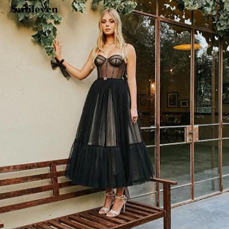 Smileven Modern Black Dotted Tulle Short Prom Dresses Spaghetti Straps Evening Gowns Sweetheart Prom Party Gowns Customized