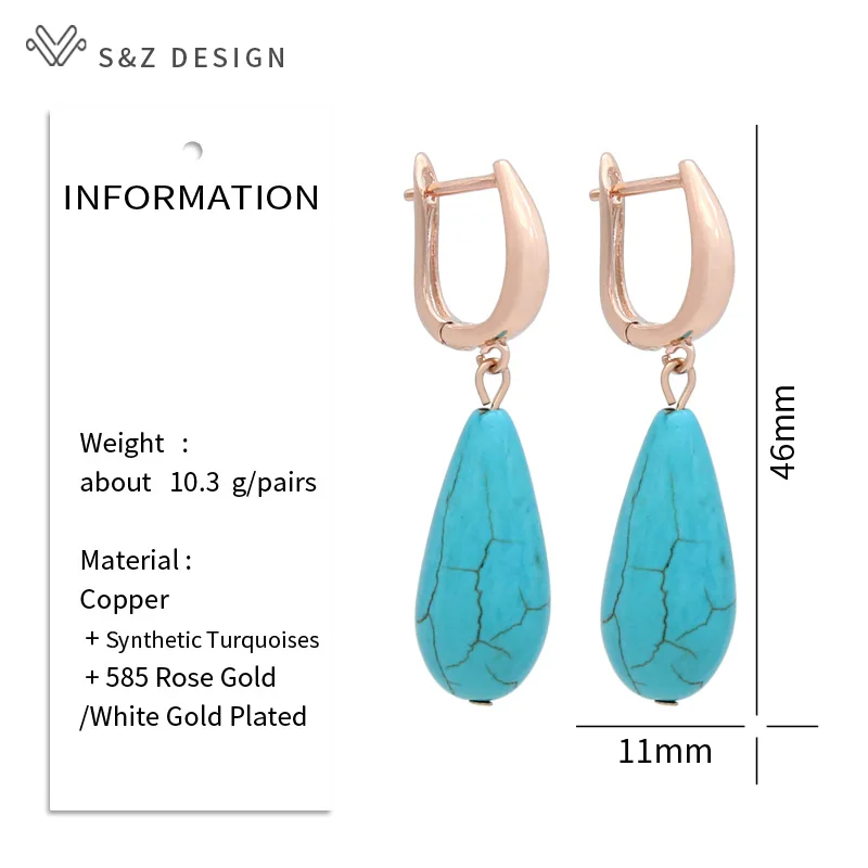 S&Z DESIGN New Rose Gold Color Water Drop Synthetic Turquoises Dangle Earrings For Women Wedding Elegant Jewelry Gift