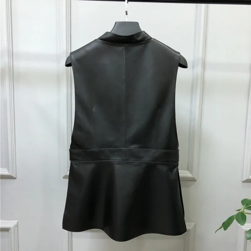 New Design V Neck 100% Real Leather Vest Top Women Slim Fit Genuine Leather Sleeveless Jacket Ladies Casual Waistcoat Vests