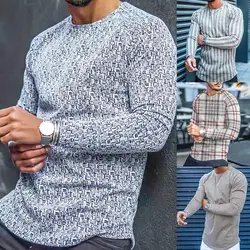 T-shirt Long Sleeve Slim Top Cotton Blend Men Stripe Plaid Print Male Pullover Sweater for Autumn Men clothing Casual Streetwear