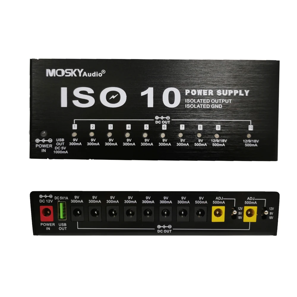 MOSKY ISO-10 Guitar Effect Pedal Power Supply 10 Isolated DC Outputs/ 5V USB Output for 9V 12V 18V Protection Guitar Accessories