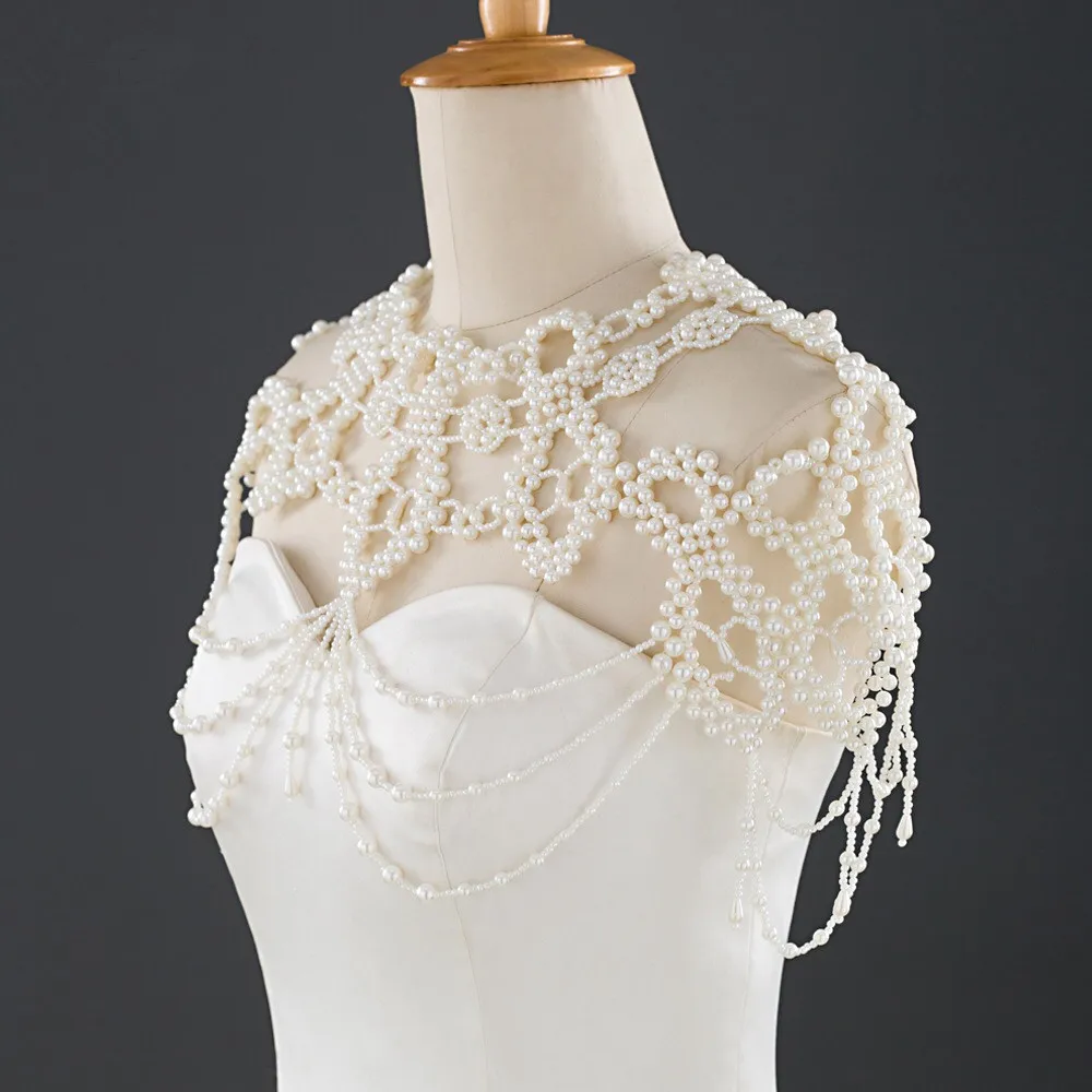 Vintage Bride with Pearl Large Neckle Women's Wedding Dress with Tfringed Shoulder Chain Handmade Beaded Banquet Shawl Jewelry