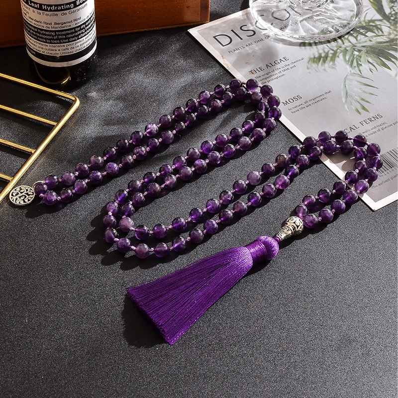 8mm Natural Amethyst Beads Knotted 108 Japa Mala Rosary Necklace Meditation Prayer Yoga Jewelry for Men and Women