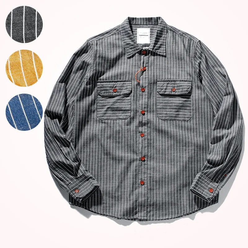 

2021 Spring New Striped Shirt Men's Japanese Fashion Long Sleeve Retro Pure Cotton Washed Old Multi Pocket Cargo Casual Shirt