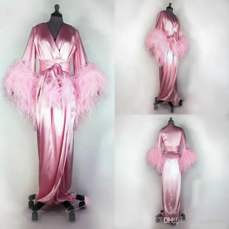 Pink 2020 Feather Women Robe Long Sleeve Sexy Nightgown Deep V Neck Ruffles Sleepwear Bathrobe Pajamas Prom Bridesmaid Shawel