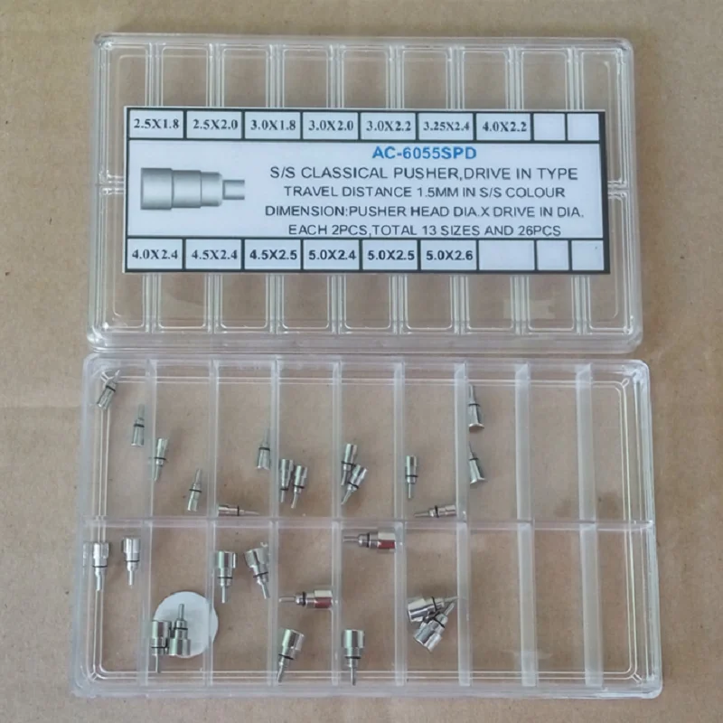 Imagem -03 - Box Prata Clássico Unidade no Relógio Empurrador Botão Coroa Conjunto de Peças Reparo Substituição para Relojoeiros Aço Inoxidável 26 Pcs