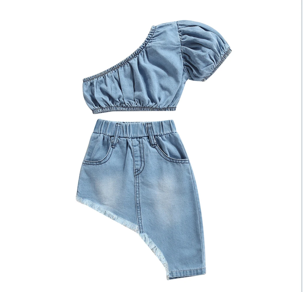 

Girls Denim Clothes Set Children Summer Toddler Baby Solid Color Short Sleeve Off-shoulder Cropped Tops+Irregular Hem Skirt