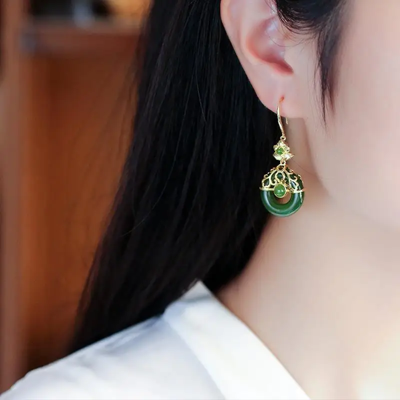 Natural Hetian jade Jasper Earrings Chinese retro court style designer craft original charm women\'s brand silver jewelry