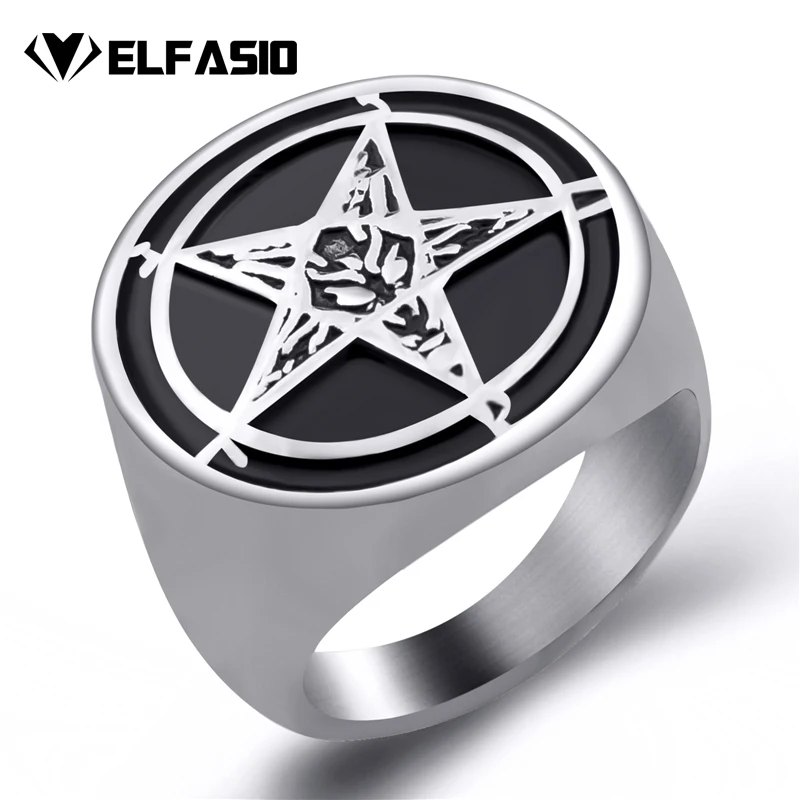Elfasio Mens Gold Plated Satanic Baphomet Goat Pentagram Devil Stainless Steel Ring Vintage Symbol Jewelry Size 7-15