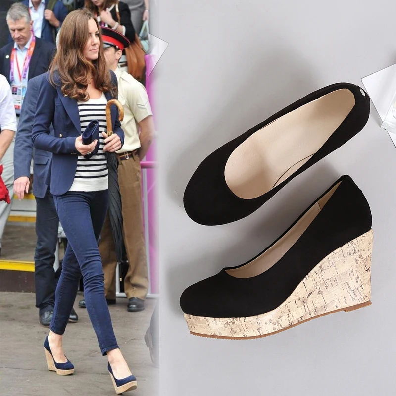 

kate middleton Single Shoes Comfortbale High Heels Leather Shoes wedge heel shallow mouth Women's Shoes