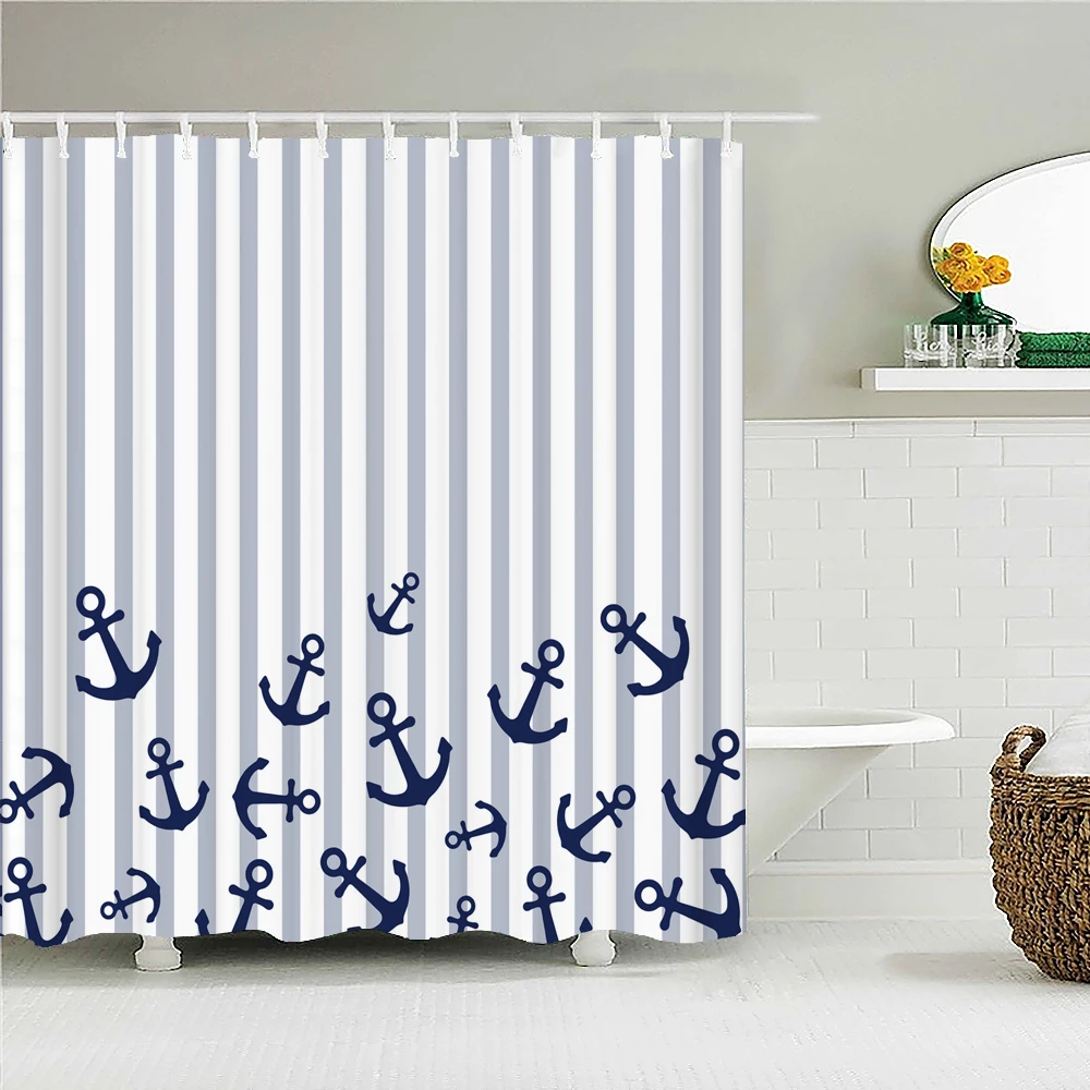 High Quality Nautical Anchor 3D Printed Fabric Shower Curtains Waterproof Bathroom Curtain Bathroom Decor with 12 Hooks