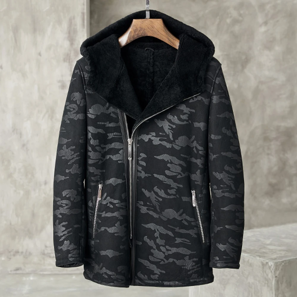 Mens Hooded Shearling Coat Men Aviator Jacket Black Camouflage Pilot Jacket Mens Fur Coat