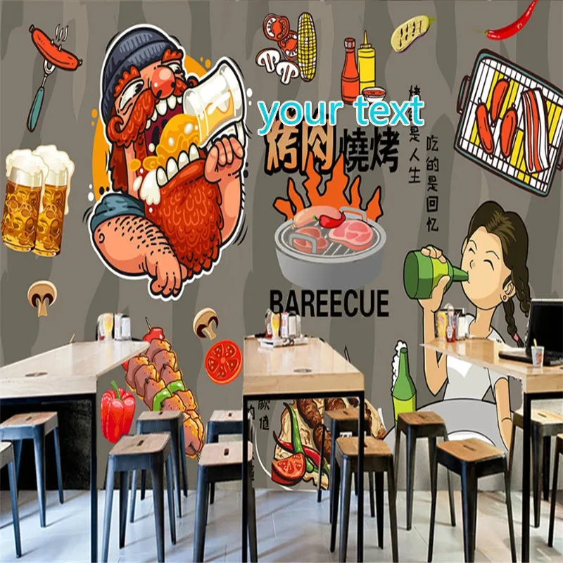 Custom Size Barbecue Kebab Wall Paper 3D Beer Barbecue Restaurant Snack Bar Industrial Decor Mural Wallpaper Papel De Parede 3D