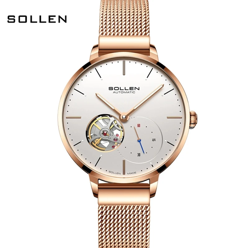 New Switzerland Luxury Brand SOLLEN Automatic Mechanical Women\'s Watches Waterproof Dual Skeleton Mesh Band Ladies Clocks SL418