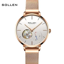 New Switzerland Luxury Brand SOLLEN Automatic Mechanical Women's Watches Waterproof Dual Skeleton Mesh Band Ladies Clocks SL418