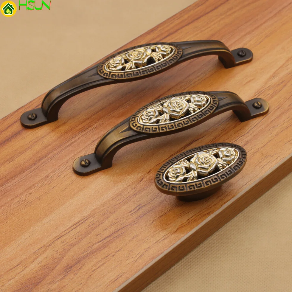 

2 pcs Antique copper handle Rose Coffee ancient cabinet drawer furniture hardware European classic