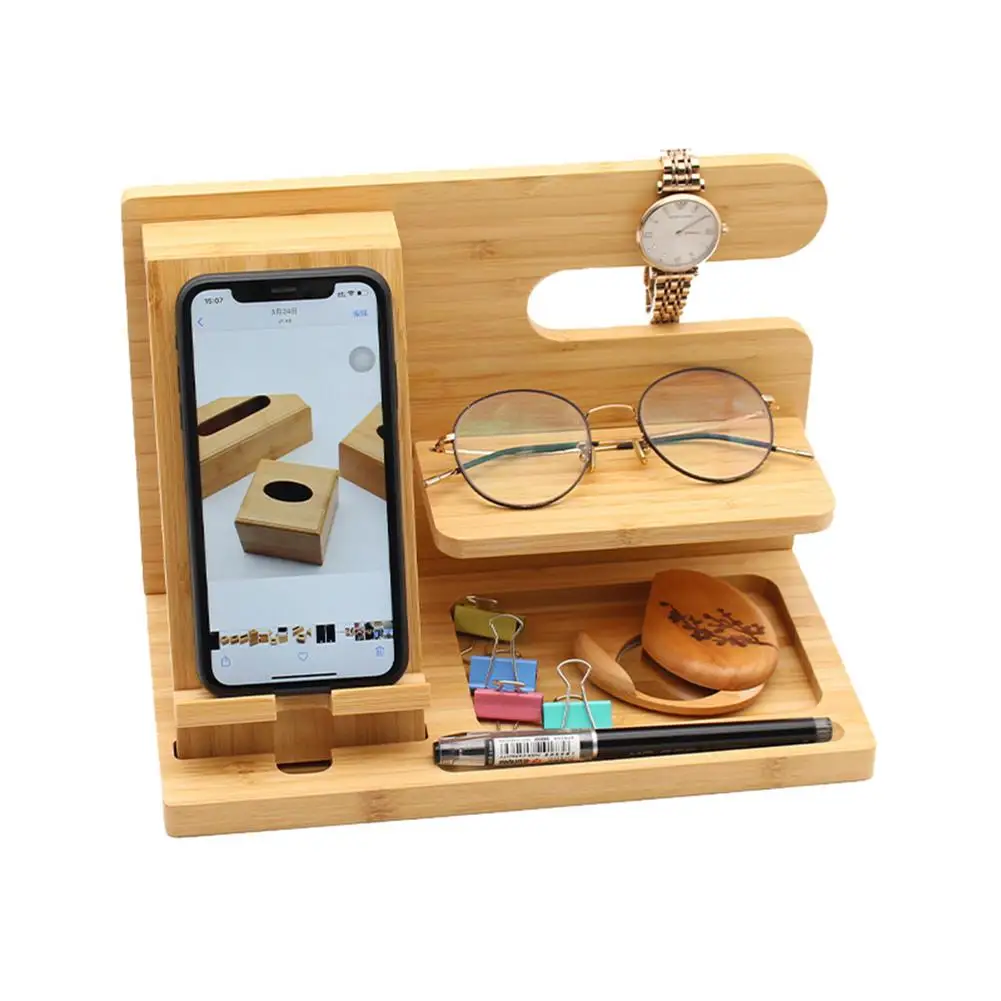 Wooden Phone Holder Docking Station Wallet Stand Watches Purse Glasses Key Storage Box Desk Display Organizer Bedside