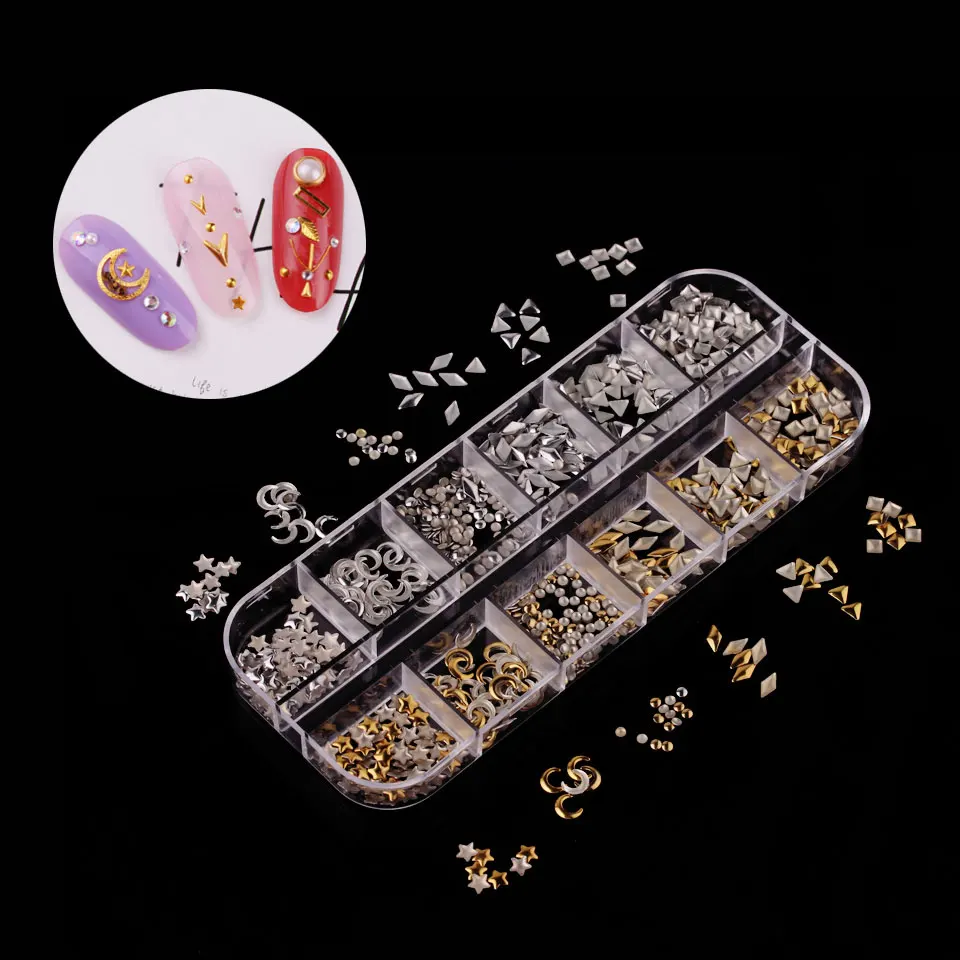 1 Boxed 12 Grids Rose Gold 3D Alloy Metal Nail Rivets Charms Nail Studs Nail Ornament Heart Star Moon Cross Nail Art Decorations