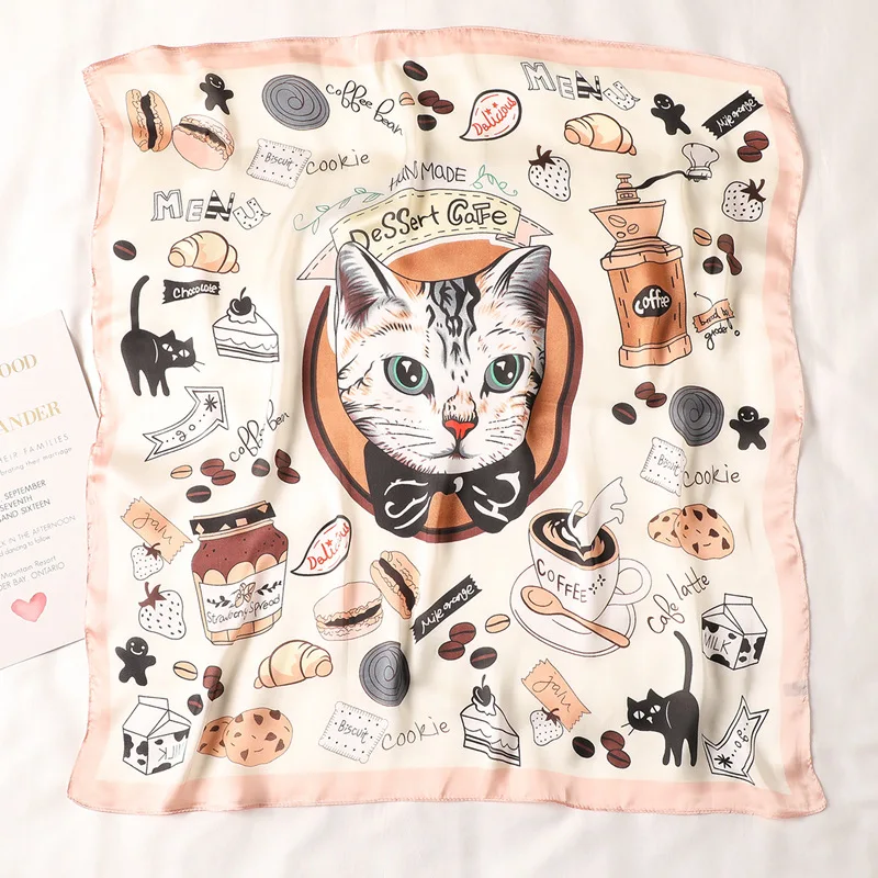 70cm*70cm Silk Square Scarf Women Cartoon cat Bag Print Foulard Big Hijab Bandana Lady Neckerchief High Quality Silk Scarf FJ095