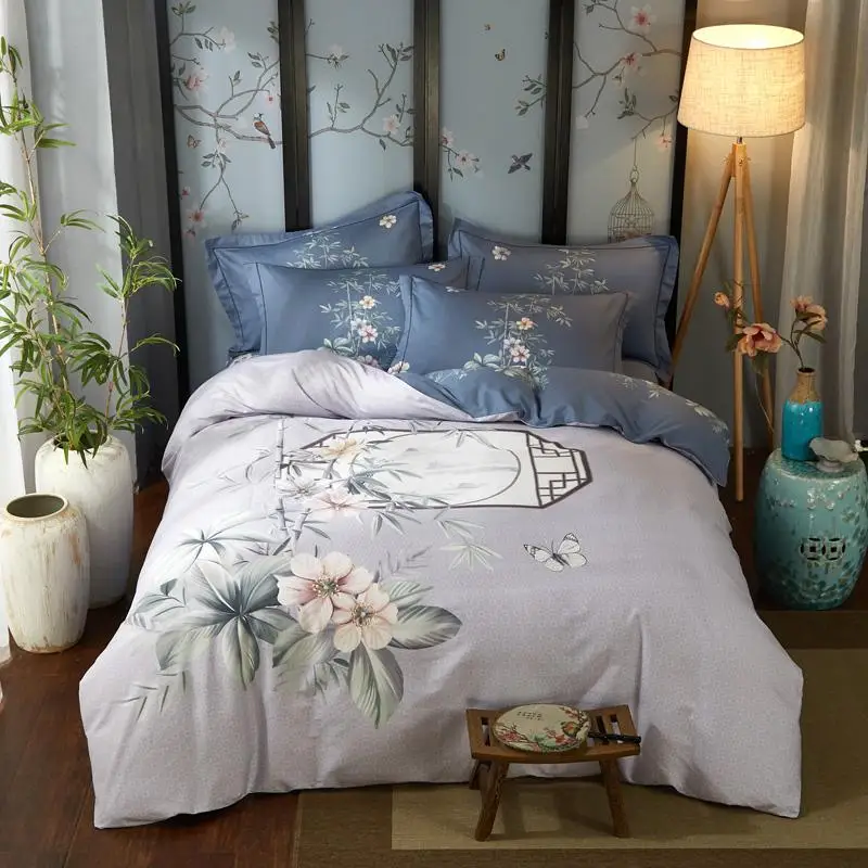 Chinoiserie Blossom Print Duvet Quilt Cover Blue Gray Asian Style Botanical Tree Branches 100%Cotton Bedding set Queen King size