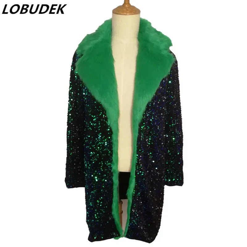 

Men Faux Fur Long Coat Green Sequins Feathers Overcoat Tide Male Singer Dancer Concert Costume Nightclub Outerwear Stage Wear