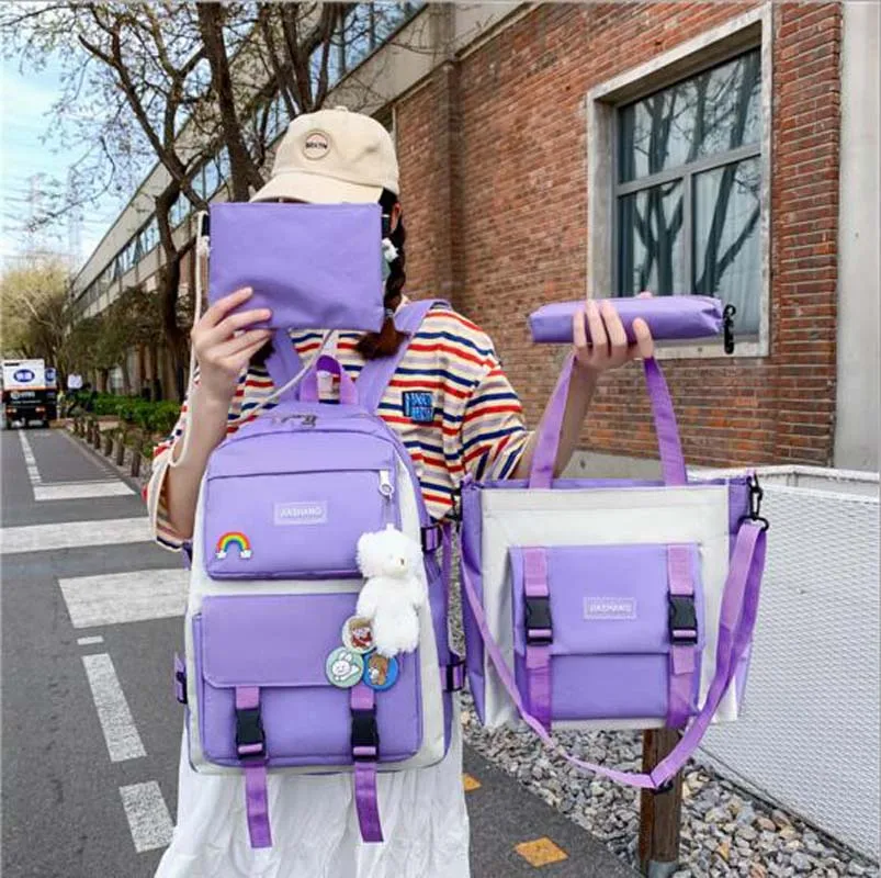 Korean New Fashion Waterproof Oxford Double Zipper Shoulder Bags Large Capacity Travel Backpacks Student School Bag 4pcs/set