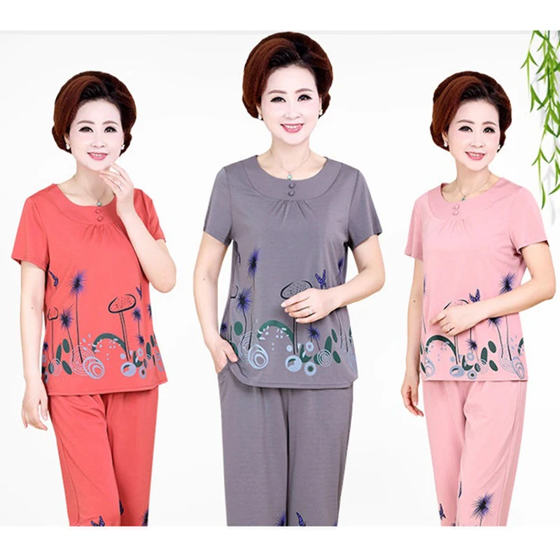 Set Middle-Aged Elderly 2025Summer Women Two-Piece Mother Summer Suit Elderly Female New Printing Short-Sleeved Top Grandma L737