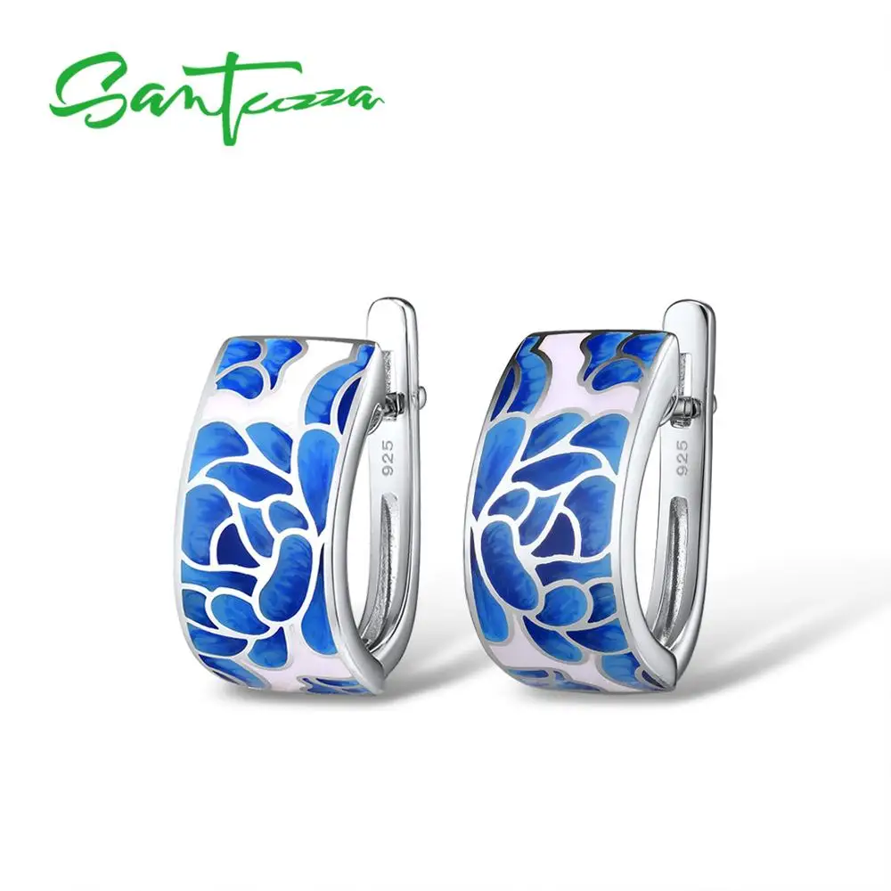 SANTUZZA Silver Jewelry Set for Women Pure 925 Sterling Silver Blue Flower Enamel Earrings Ring Set Trendy Fine Jewelry Handmade