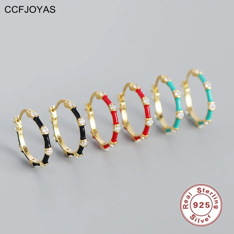 

CCFJOYAS Geometric Bamboo Inlaid Zircon 925 Sterling Silver Hoop Earrings for Women Simple INS Multicolor Enamel Circle Earrings