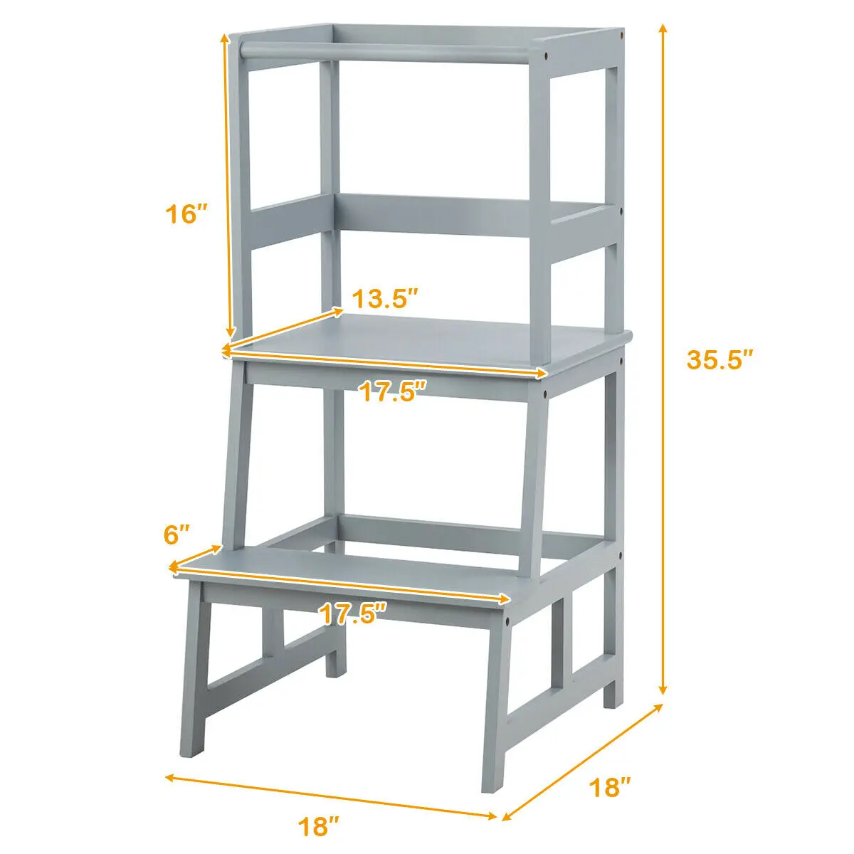 Kids Keuken Stap Kruk Houten Peuter Stand Helper W/Veiligheid Rail Grijs BB5577GR