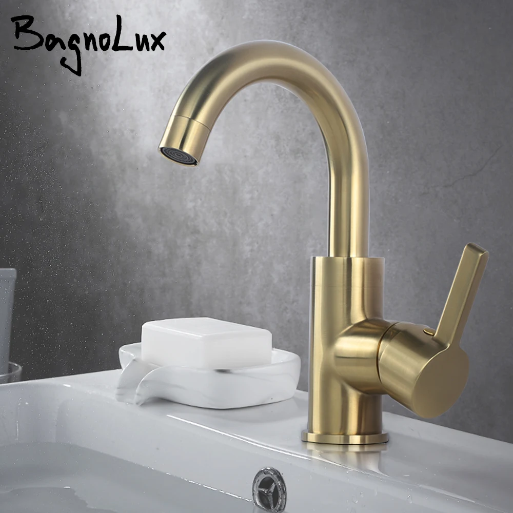 

Brass Gold Deck Mounted Single Holder Hole 360 Degree Rotation Basin Mixer Water Tap Bathroom Sink Faucet