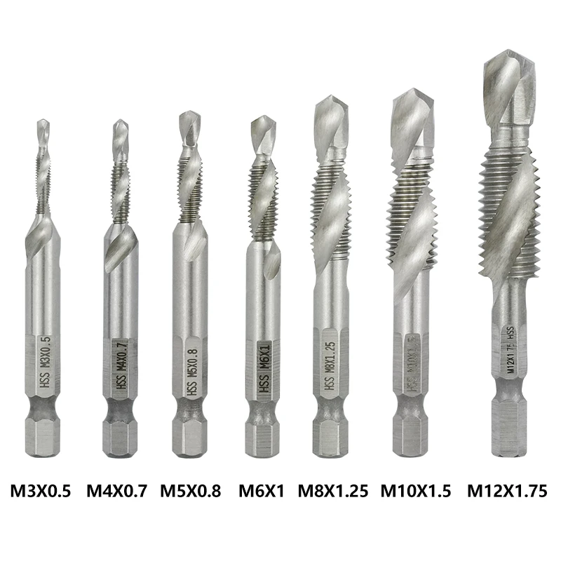 XCAN Hex Shank Metric Tap Combined Tap and Drill Spiral Flute HSS Thread Screw Tap Threading Tool M3 M4 M5 M6 M8 M10 M12