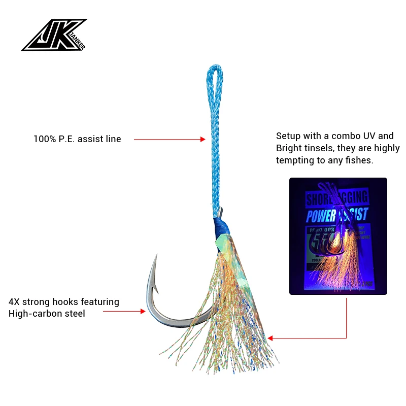 JK 3/0~9/0 fish hook Fishing Cast Jigs Assist Hook Barbed Single Jig Hooks Thread Feather Pesca lure fishing tackle fishhook
