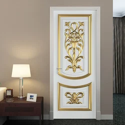 PVC Self-Adhesive Waterproof Door Sticker 3D Stereo White European Style Golden Carved Wallpaper Living Room Bedroom Door Decal