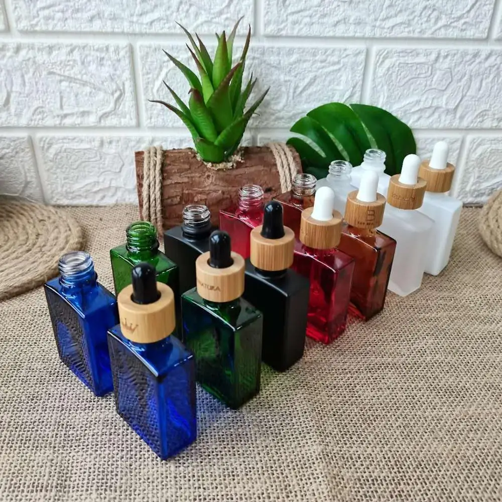 

1oz amber square glass dropper bottle Eco-friendly bamboo cap Cosmetic essential oil aromatherapy Container packaging facial oil