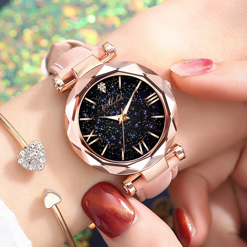 Reloj de pulsera con diamantes de imitación para mujer, reloj de cuero con cielo estrellado romántico, a la moda