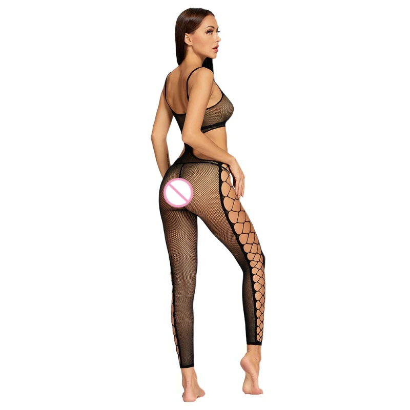 Hollow Out Transparent Bodysuit Sexy Lingerie Mesh Catsuit Sex Erotic Underwear Sexi Women Crotchless Nylon Jumpsuit Stockings