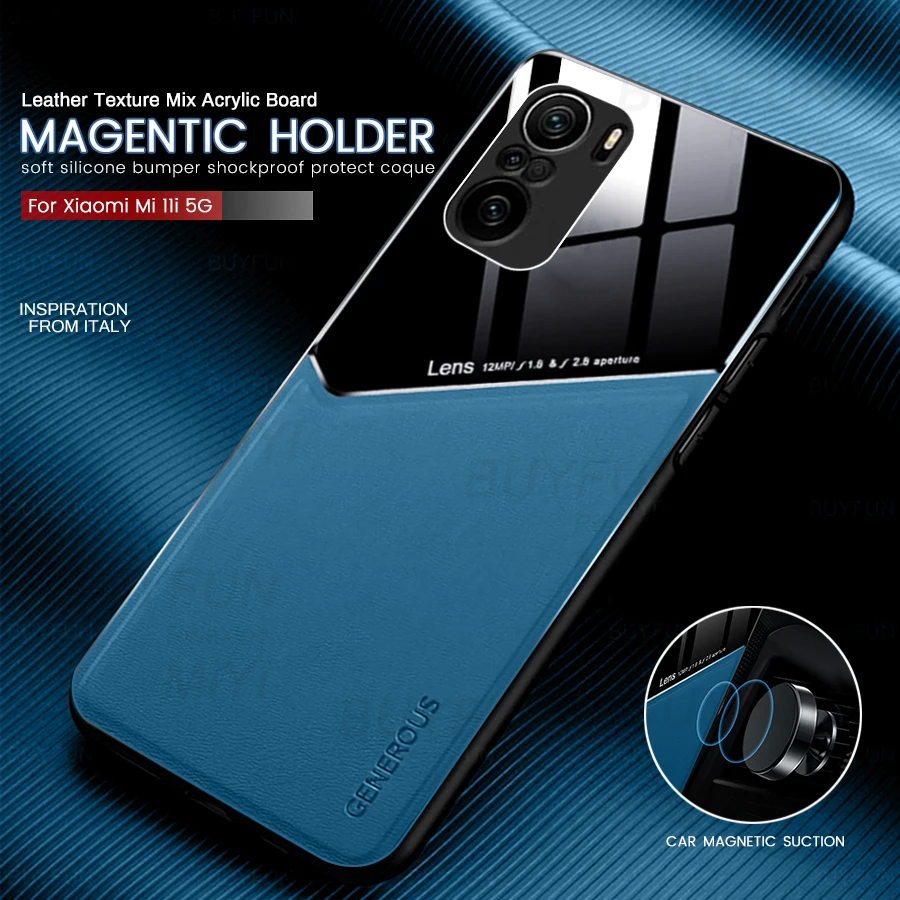 leather tecture car magnetic holder back cover for xiaomi xiomi xiami xaomi mi 11i 11 i mi11i 5g case shockproof protect shell