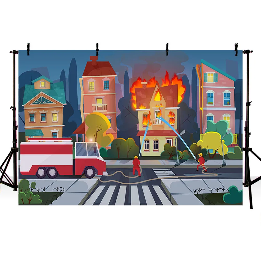 Photography Backdrops Fire In Building Fire Truck Background Career of Firefighter for Children Photocall Photo Backdrop Studio