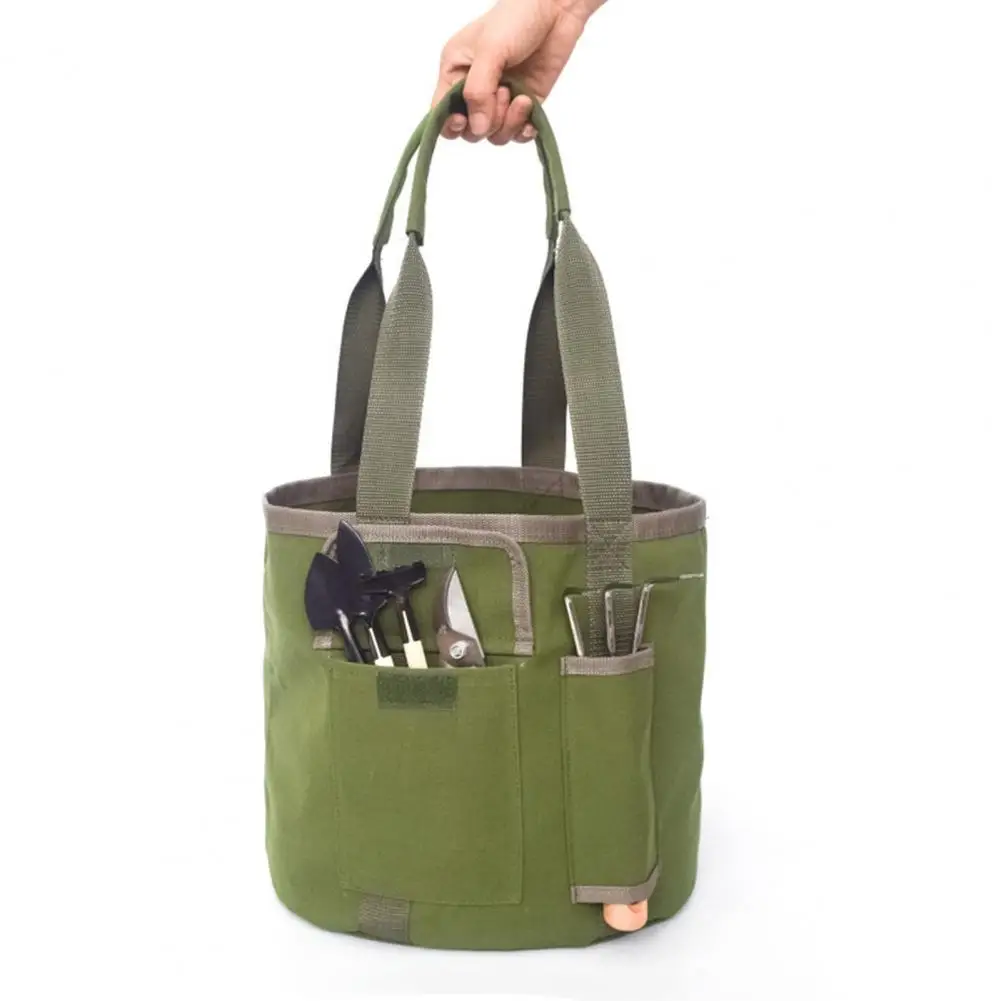 Army Green Canvas Portable Rainproof Canvas Garden Tool Bucket Tote Bag For Outdoor Large Capacity Fishing Tool Bag Camping Bag