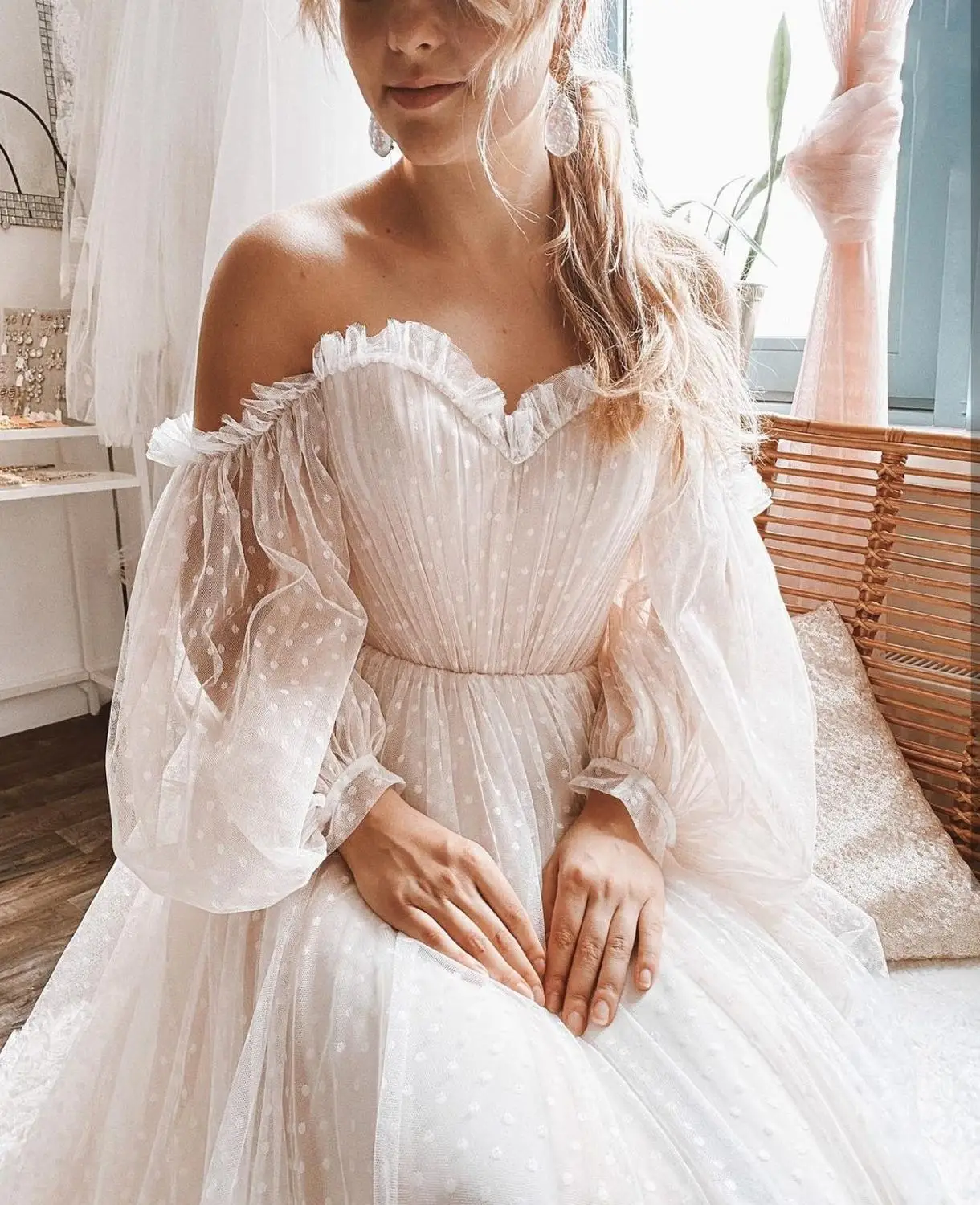 Smileven – robe De mariée style Boho, manches bouffantes, dos nu, épaules dénudées, 2021